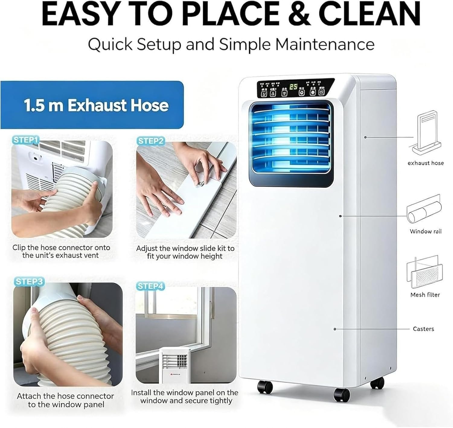 Aire Acondicionado Portátil 7000/9000 BTU Sin Unidad Exterior, Enfriamiento Silencioso para Dormitorio Oficina, Cable Largo, Funcionamiento Mudo, con Ruedas, 9000btu