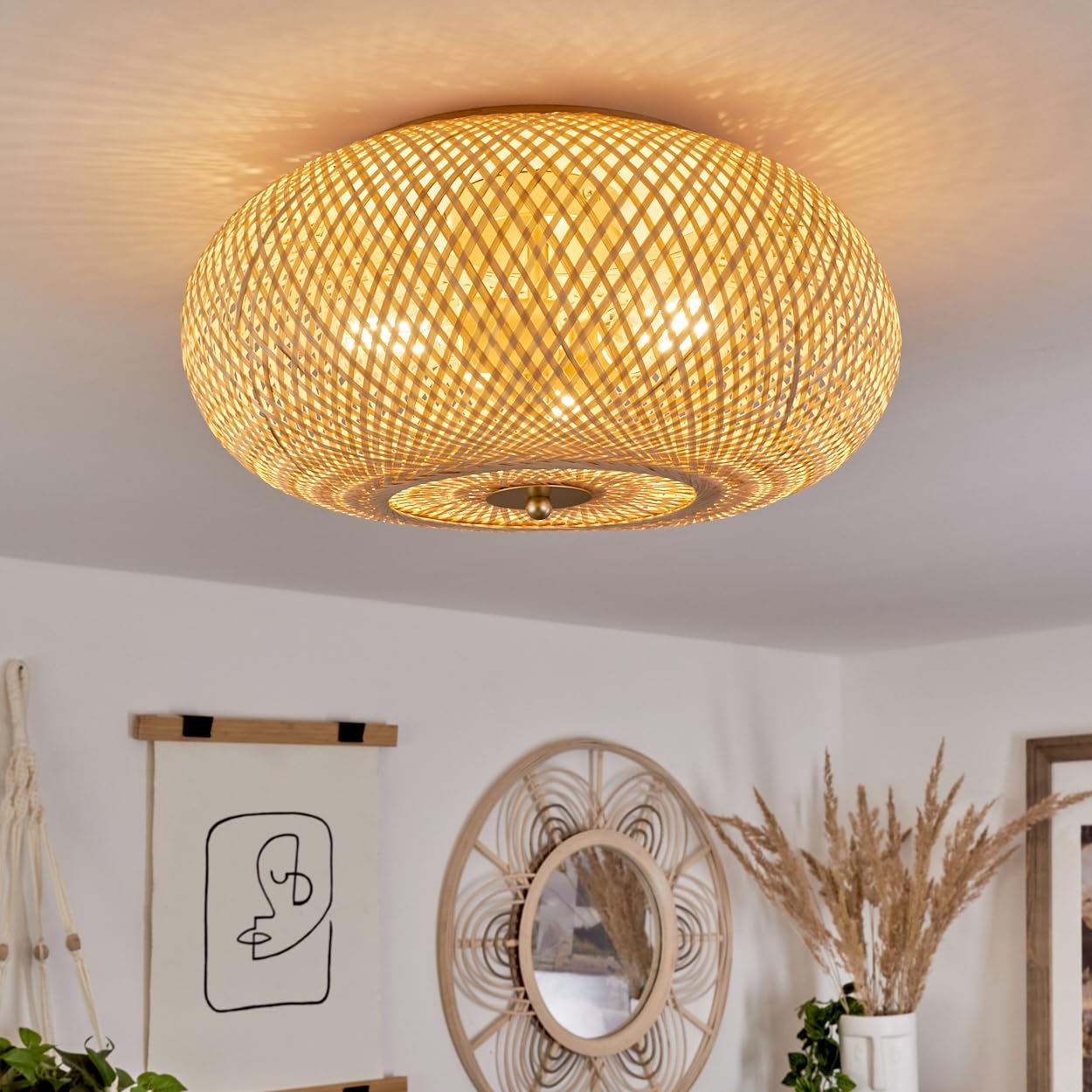 Ceiling lamp Bauro, round ceiling lamp made of wood/metal in natural/brass colours, lattice-look lamp with great lighting effects on the ceiling, Ø 38 cm, 3-flame, 3 x E27, bulbs not included