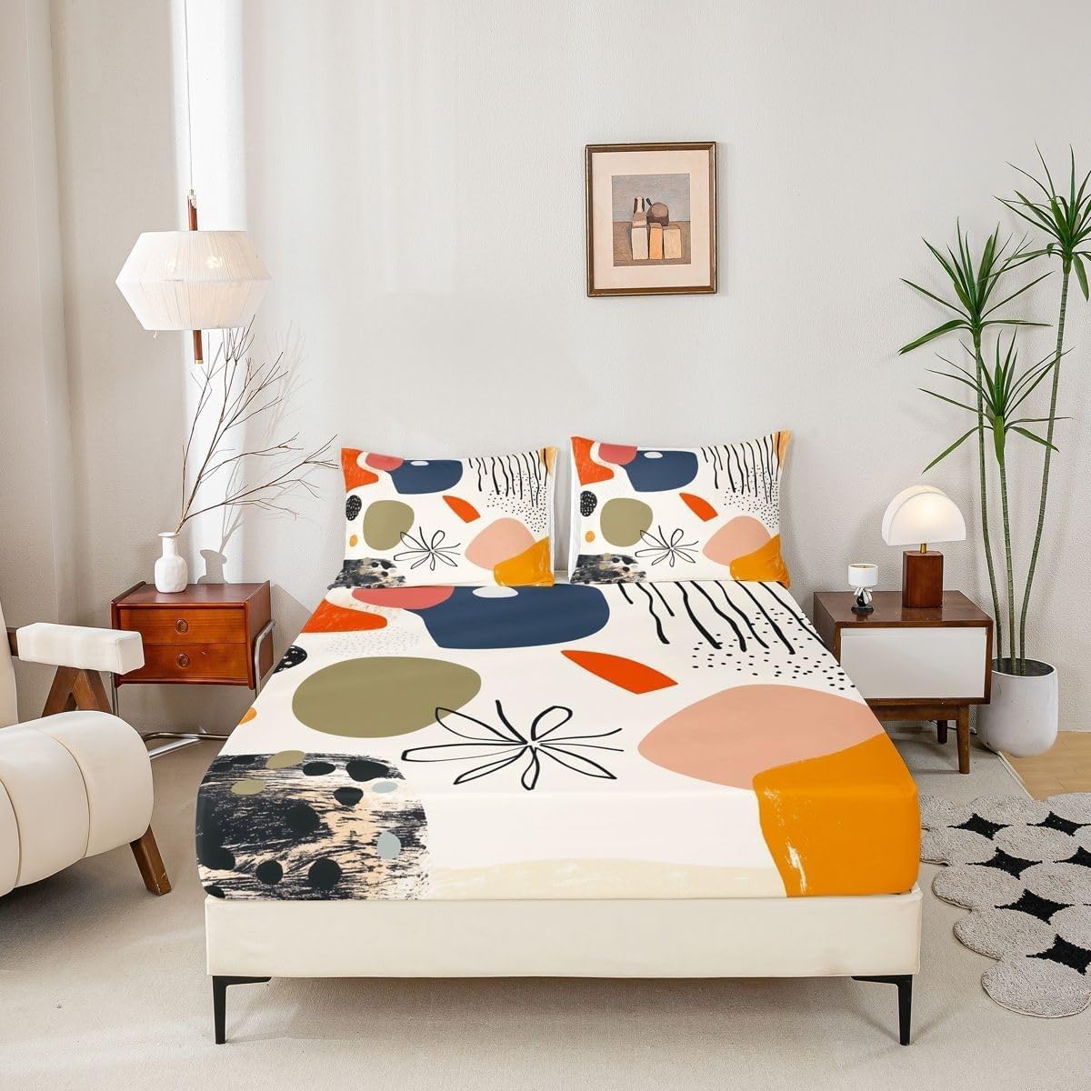 Modern Super King Fitted Sheet Abstract Art Bed Sheets Deep Pocket 12 inch (30 cm) Soft Cozy 3 Piece Microfibre Bed Sheet 180x200 cm with 2 Pillowcases 50x75 cm