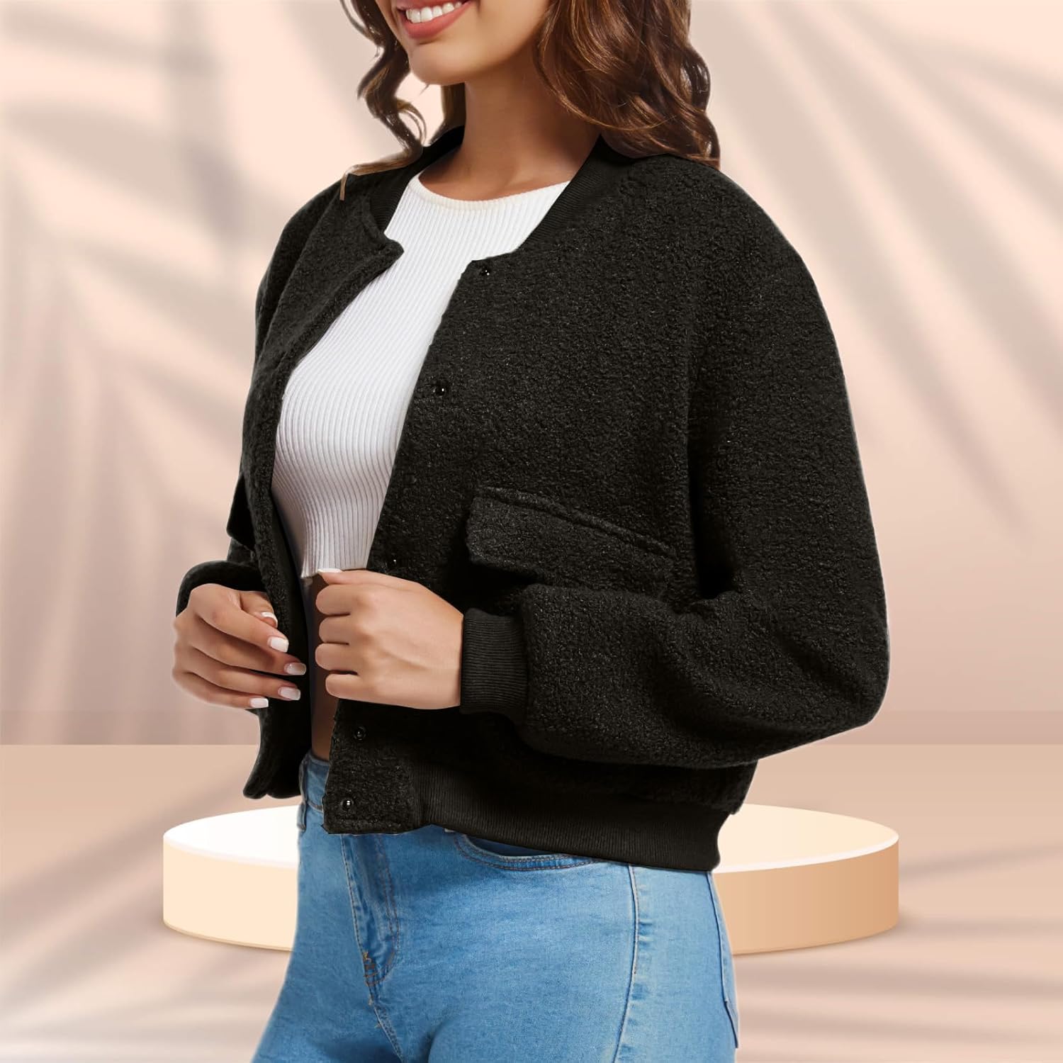YSW Womens Cropped Bomber Jacket Baseball Varsity Jacket Casual Jackets with Pockets Button Down Chaquetas de Mujer - Image 3