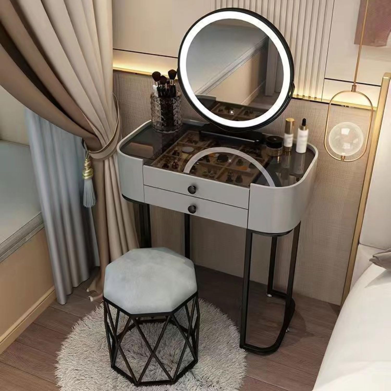 Toeletta da Trucco con Luci LED a Luminosità Regolabile Postazione Trucco con SpecchioTavolo da Toeletta con Piano in Vetro Tavolo da Trucco con Sgabello Imbottito Moderno Scrivania Trucco Bianco