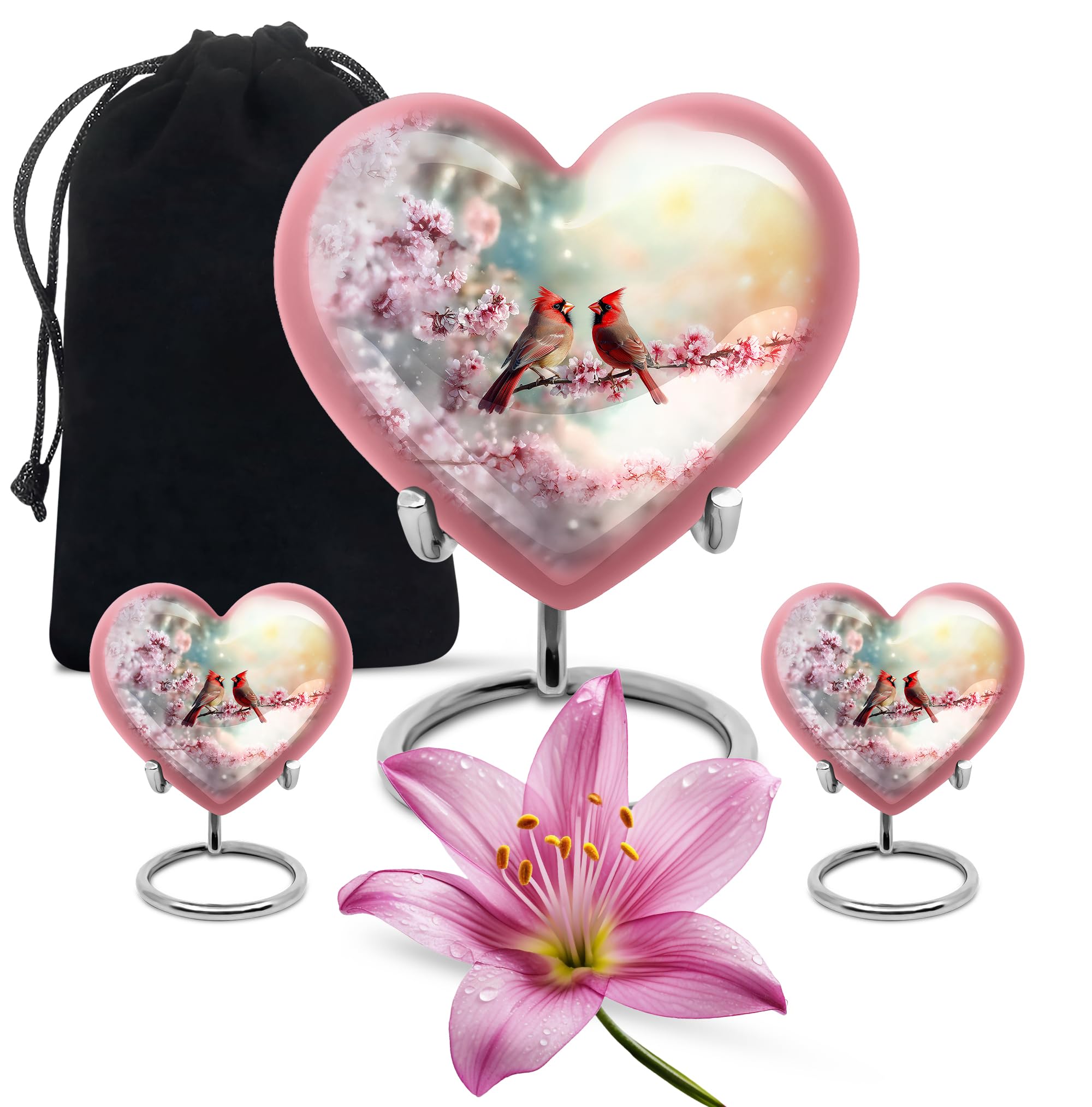 YATHABHISA Red Bird Cardinal Heart Ash, Cremation Urns for Ashes Keepsake, Decorative for Funeral & Burial, Memorial Gift, Pink, Combo (10 Inch & 3 Inch Mini Set of 2)