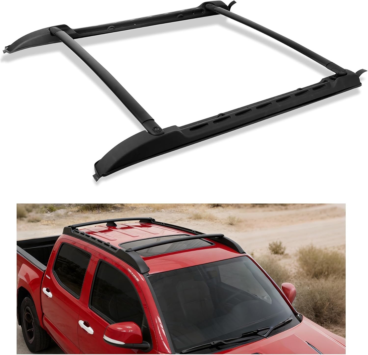 ALMULOO Roof Rack Side Rails + Cross Bars Compatible with 2005-2023 Toyota Tacoma Crew Cab Replacement for PT278-35170 Aluminum Side Rails & Crossbars Cargo Luggage Carrier Electrophoresis Black