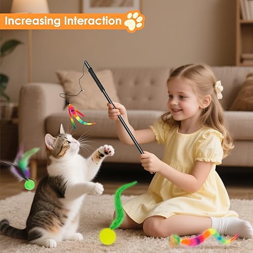 Miniatura 7 de SHENGSEN Juguete de varita de plumas para gatos, pelota inflable con cola para gatos, gusano mágico con juguete de bola grande y colorida para