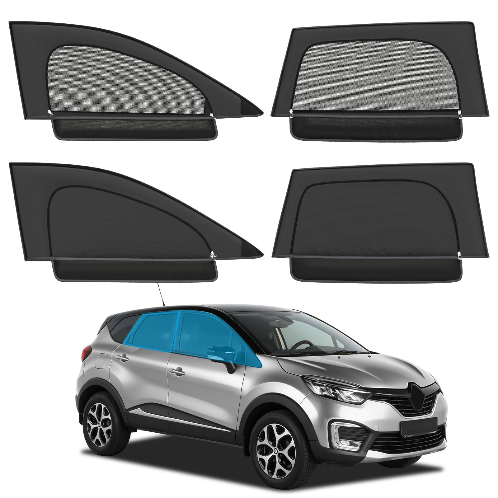 2 en 1 Parasol de Coche Mosquitera para Renault Captur 2019-2026, Ventanas Laterales Delantera y Trasera Parasol Coche Bebe Antimosquitos protección UV para bebés niños Adultos Mascotas
