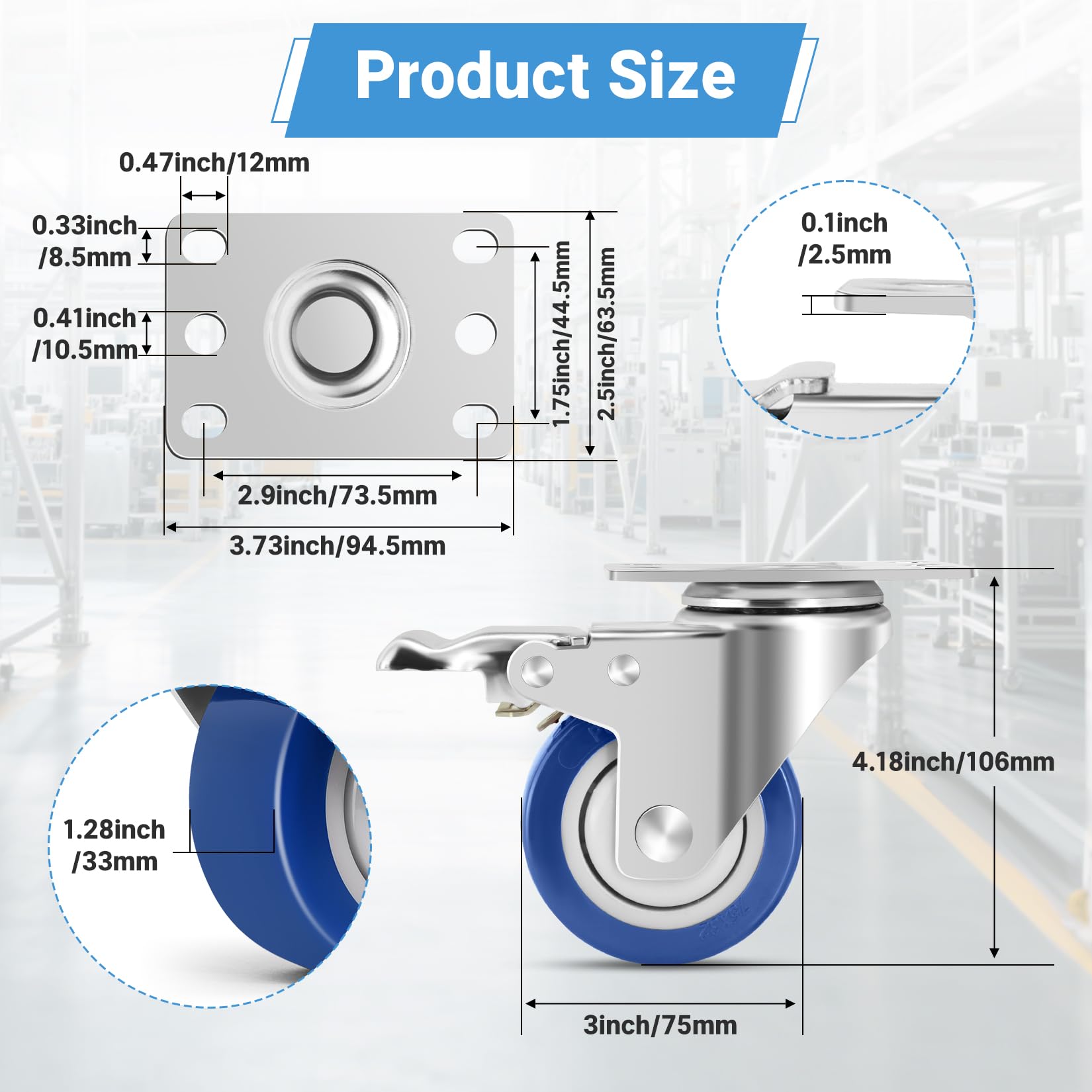 75mm Ruote in Acciaio Inox per Carrelli Pesanti, Capacità di 540kg, Ruote Girevoli Industriali con Freni, Rotelle Resistenti al Calore per Mobili, Dispositivi Medici, Utilizzo All'Aperto