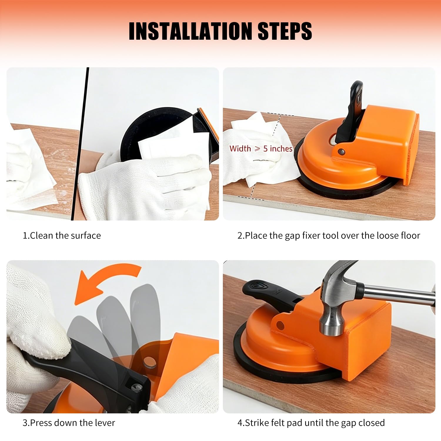 Floor Gap Fixer Tool, Heavy Duty Floor Gap Fixer Tool, Ventouse Pour Plancher Flottant, Spacing Remover for Laminate, Vinyl, Hardwood, Tiles, Composite Flooring(Orange) — view 6