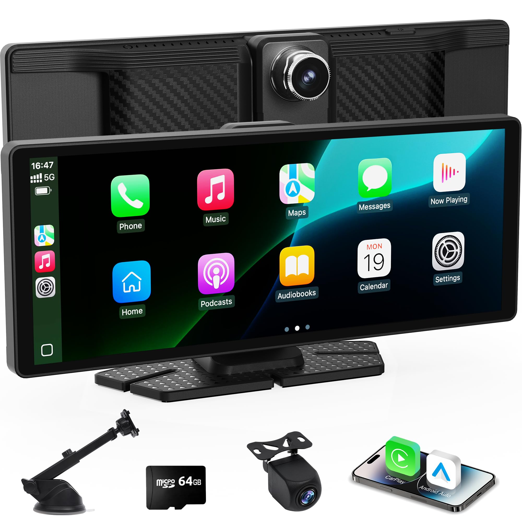 Wireless Carplay Screen for Car,10.26 inch Portable Car Play & Android Auto Touch Screen,4K Front & Rear Backup Camera Car Stereo,Loop Recording,GPS, Voice Control,Mirror Link,FM,AUX for All Vehicles