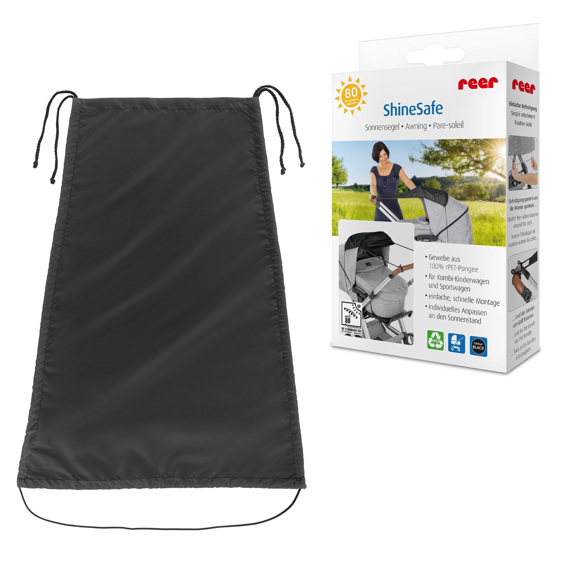 reer ShineSafe Sonnensegel | UV Schutz (UPF 80+) | universal passend für Kombi-Kinderwagen & Sportwagen | Sonnenschutz & Windschutz | aus 100% rPET-Pongee | Einfache Anbringung | Schwarz