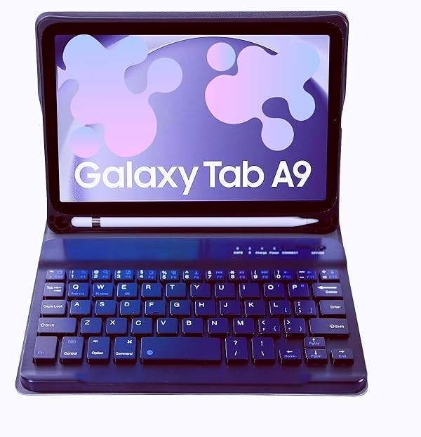 Funda con Teclado Delgado y Colores Dulces Compatible con Samsung Galaxy Tab A9 8.7 Pulgadas Modelo 2023 (SM-X110/X115/X117) con Soporte para S Pen, Cubierta con Soporte Multifuncional y Teclado Inalámbrico Desmontable (Negro)