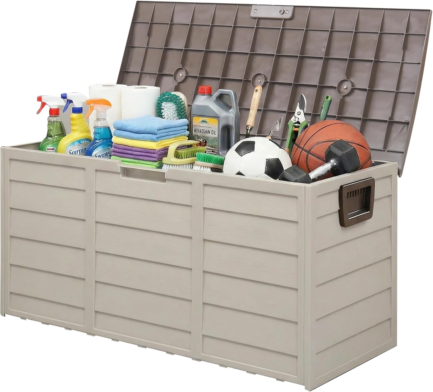 75 Gallon Resin Deck Box, Waterproof Anti-UV Lockable Outdoor Storage Bin for Patio Furniture Garden Tools, Heavy Duty Indoor Package Delivery Deck Boxes for Pillows Pool Cushions, Beige