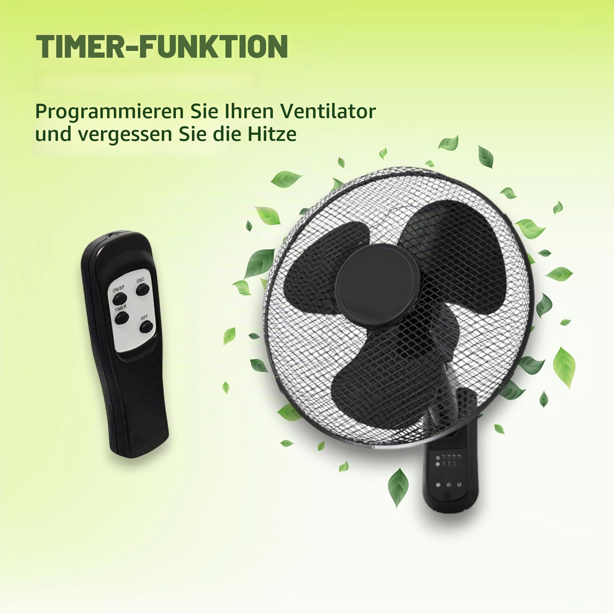 GROWMANIA Wandventilator, schwarz, mit Fernbedienung, 45 W, mit 3 Geschwindigkeitsstufen und Oszillation 90°, Fernbedienung