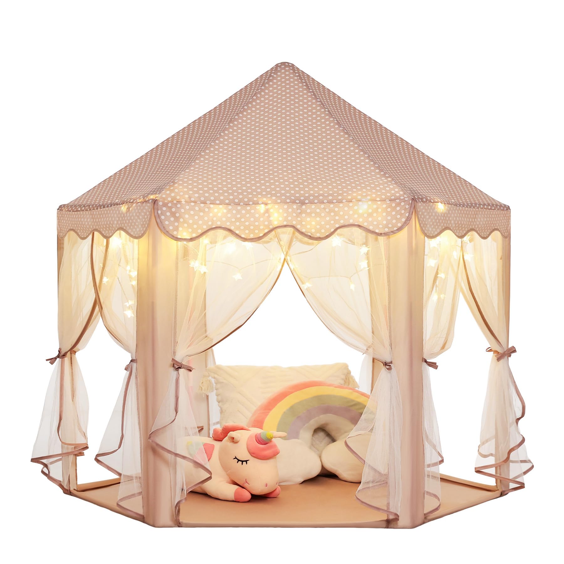 Monobeach Princess Play Tent for Girls: Brown Large Kids Castle Playhouse with Mesh Curtains & Star Lights - Indoor Outdoor Pretend Play Toys Tent - Cozy Reading Nook Gift for Toddlers & Kids