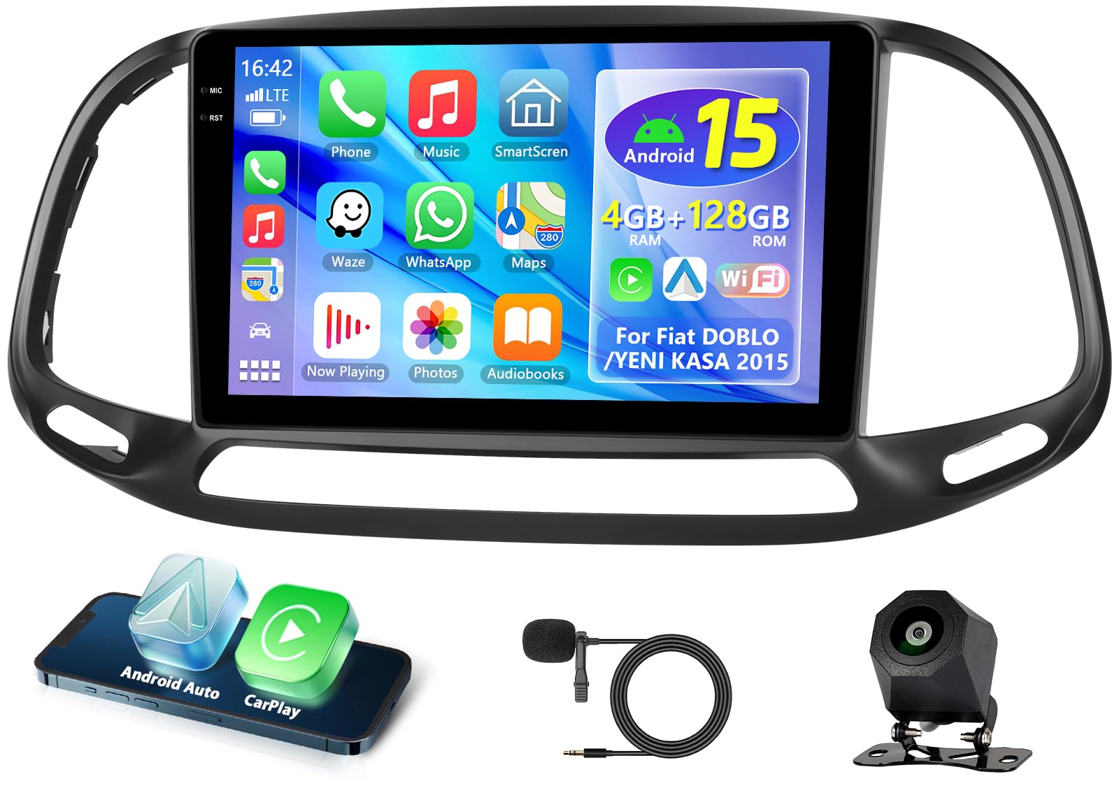 4GB+128GB Motorsi Autoradio pour Fiat DOBLO YENI KASA 2015 avec Carplay Android Auto Navigation, Incell Écran Tactile 9" Bluetooth WiFi EQ FM/RDS Radio SWC Canbus Écran partagé + Caméra de Recul