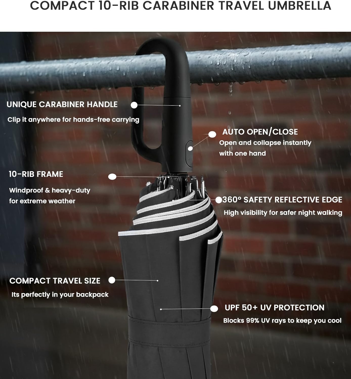 SIEPASA Travel Umbrella with Carabiner Handle - Windproof 10 Ribs Auto Open/Close for Rain & Sun Protection, Compact Portable Clip-on Backpack Design with Safety Reflective Strip. - Image 2