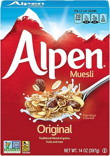 Alpen Original Muesli, Swiss Style Muesli Cereal, Whole Grain, Non-GMO Project Verified, Heart Healthy, Kosher, Vegan, 14 Oz Box