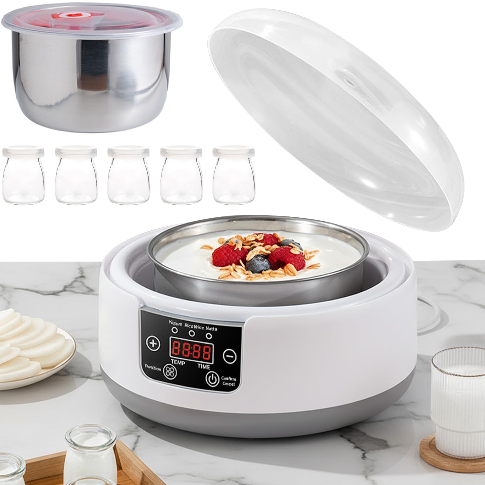 Yogurt Maker, Adjustable Time and Temperature, Probiotic Yogurt Maker with 5 Jars, Multi-Function Yoghurt Maker with Led Display & Timer, for Make Yogurt/natto/Rice Wine (1200ml)