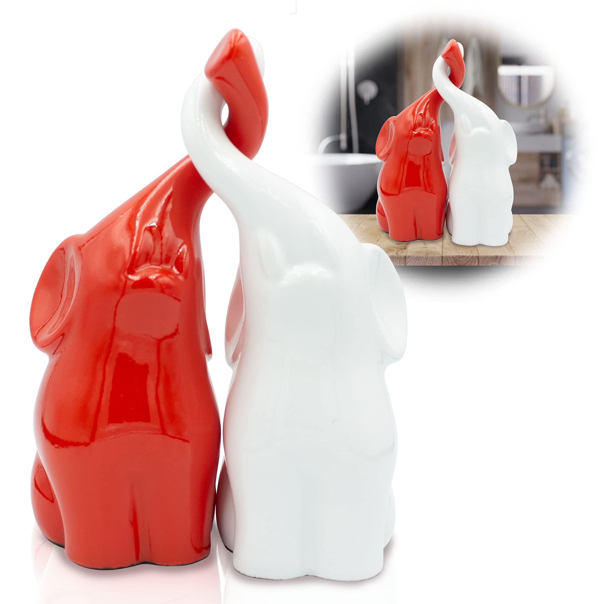 Red and White Elephant Statues with Trunk Up - Poly Stone Elephant Decor Figurines - Russian Suvenir Statuette for Good Luck - Un Par De Elefantes para Decoracion Casa