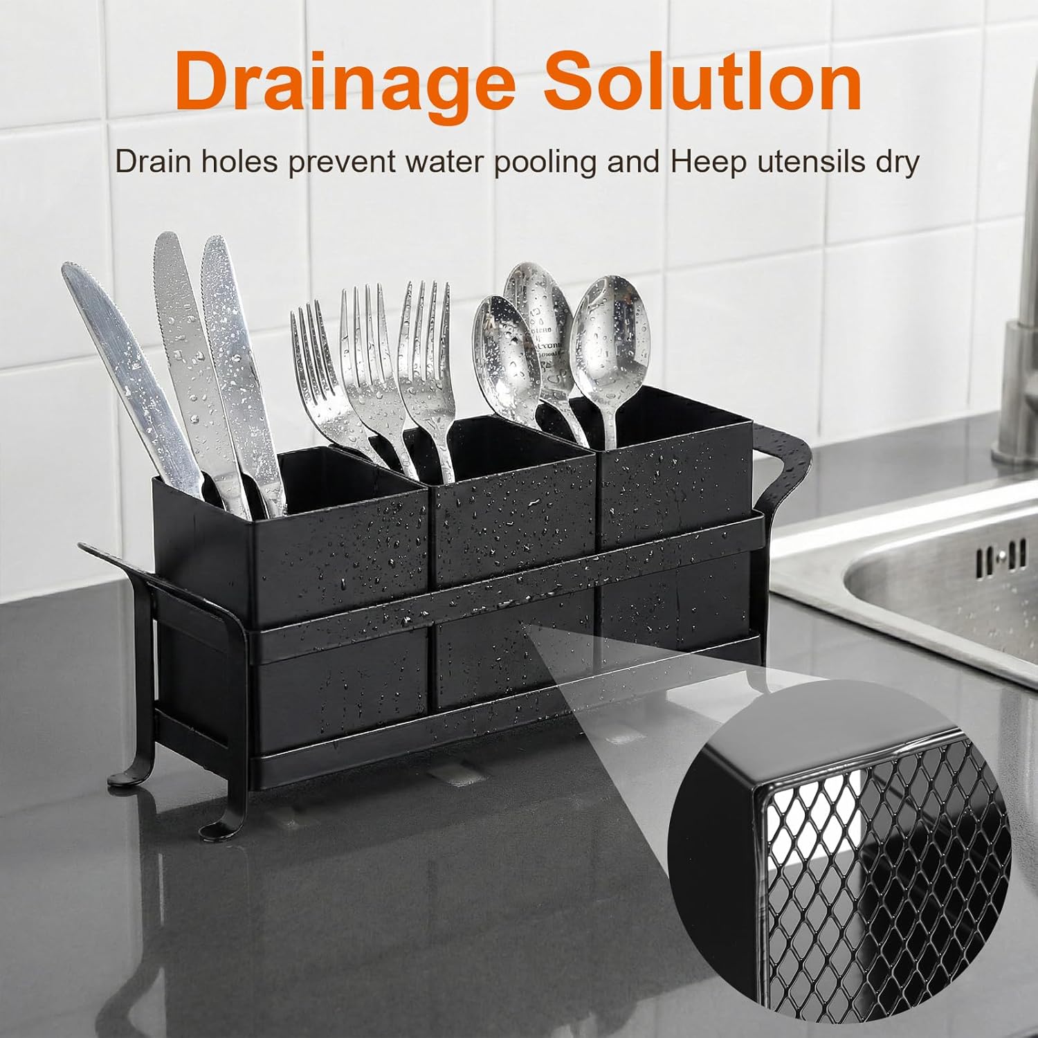 Cutlery Holder, Silverware Caddy Organizer Bin Holder - 3 Compartment Metal Utensil Tray with Drain Holes & Handle for Kitchen Countertop, Dining Table, Parties - Black