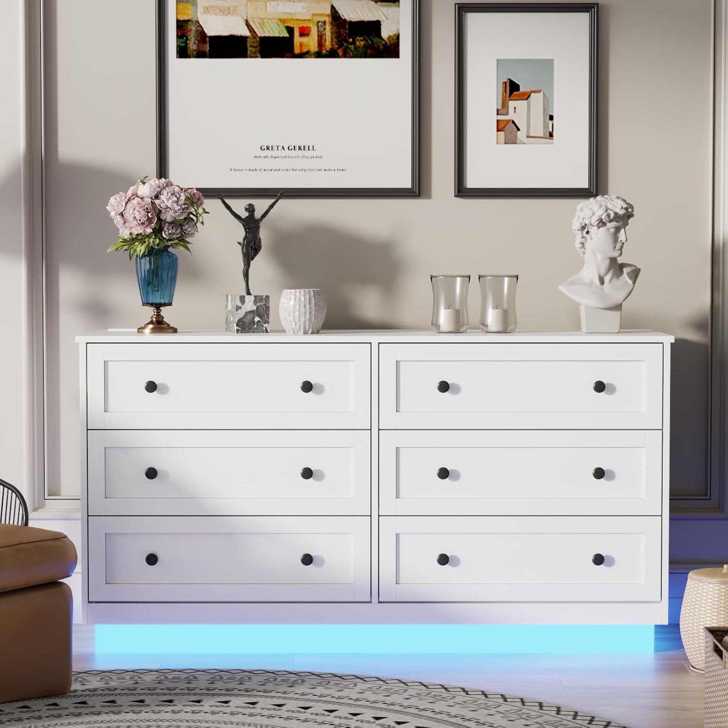 6 drawer dresser with power outlet and led light front view