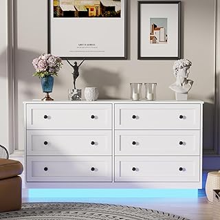 6 Drawer Dresser with Power Outlet and LED Light, Modern Floating Storag...