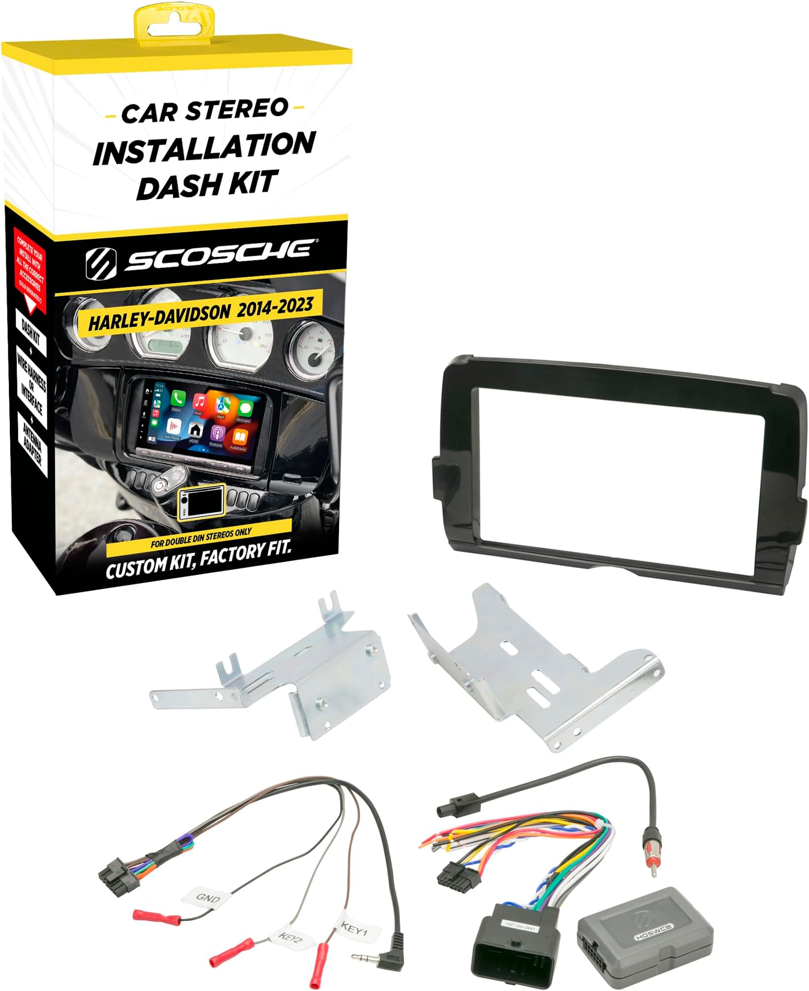 Scosche HD14UDDBN Double DIN Radio Install Dash Kit Compatible with Select 2014-23 Harley Davidson Motorcycles with Bat Wing Fairing - Complete Stereo Installation Interface Kit with Handlebar Control