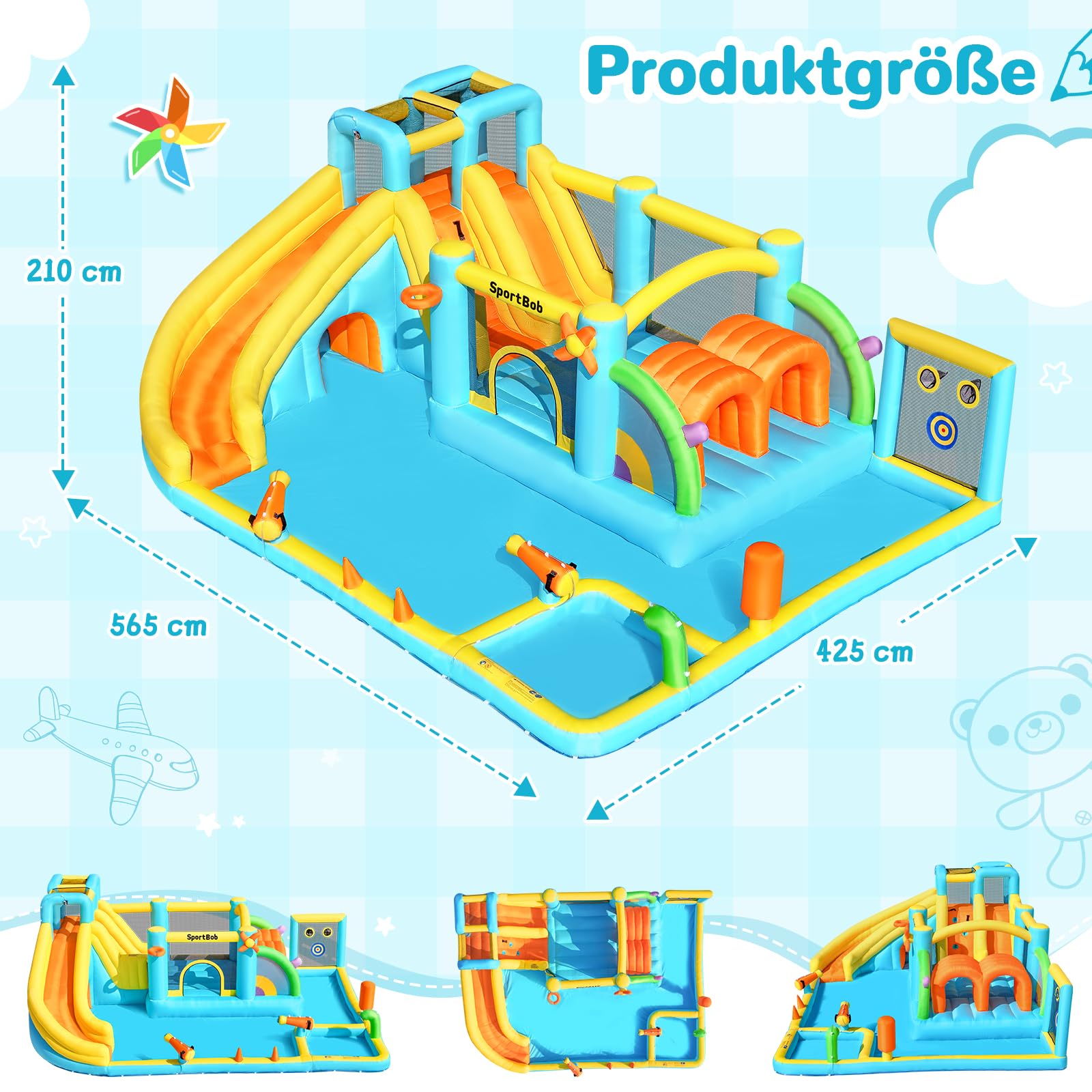 Hüpfburg mit Gebläse,Indoor/Outdoor Hüpfburg mit Rutsche, 2 Tunneln, Planschbecken, Sprungbereich, Basketballkorb für Hinterhof, Park und Familienzusammenkünfte,565x425x210 cm