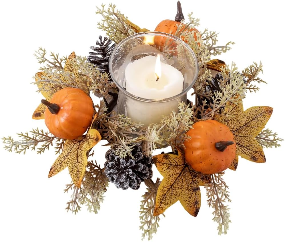 Amazon.com: 2 Pieces Pumpkins Maple Leaves Candle Rings Wreaths with ...