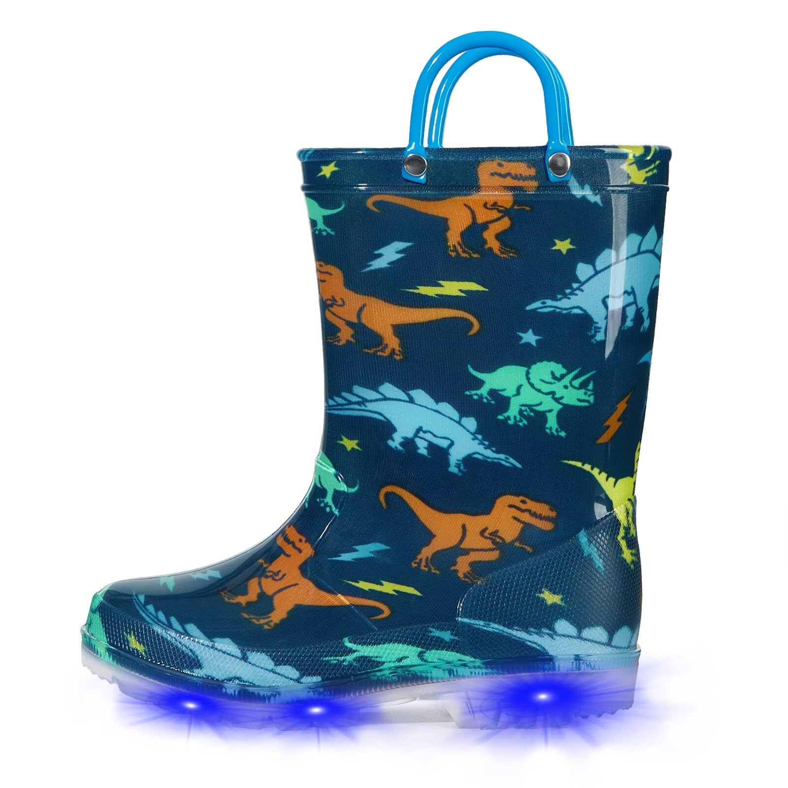 EUXTERPA Kids Toddler Light Up Rain Boots Boys Girls Waterproof Patterns and Glitter Boots with Easy On Handles — view 17