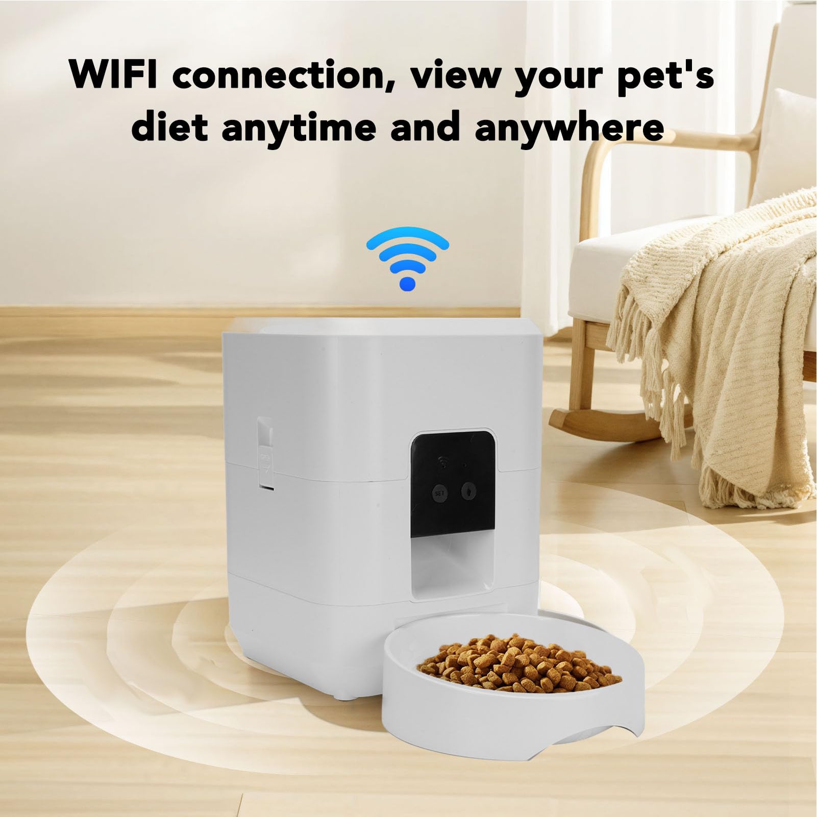 Mangeoire Automatique pour Animaux de Compagnie Connectée WiFi, Conception Polyvalente, Distributeur de Nourriture Sèche Facile à Utiliser pour Les Parents d'animaux Occupés (White)