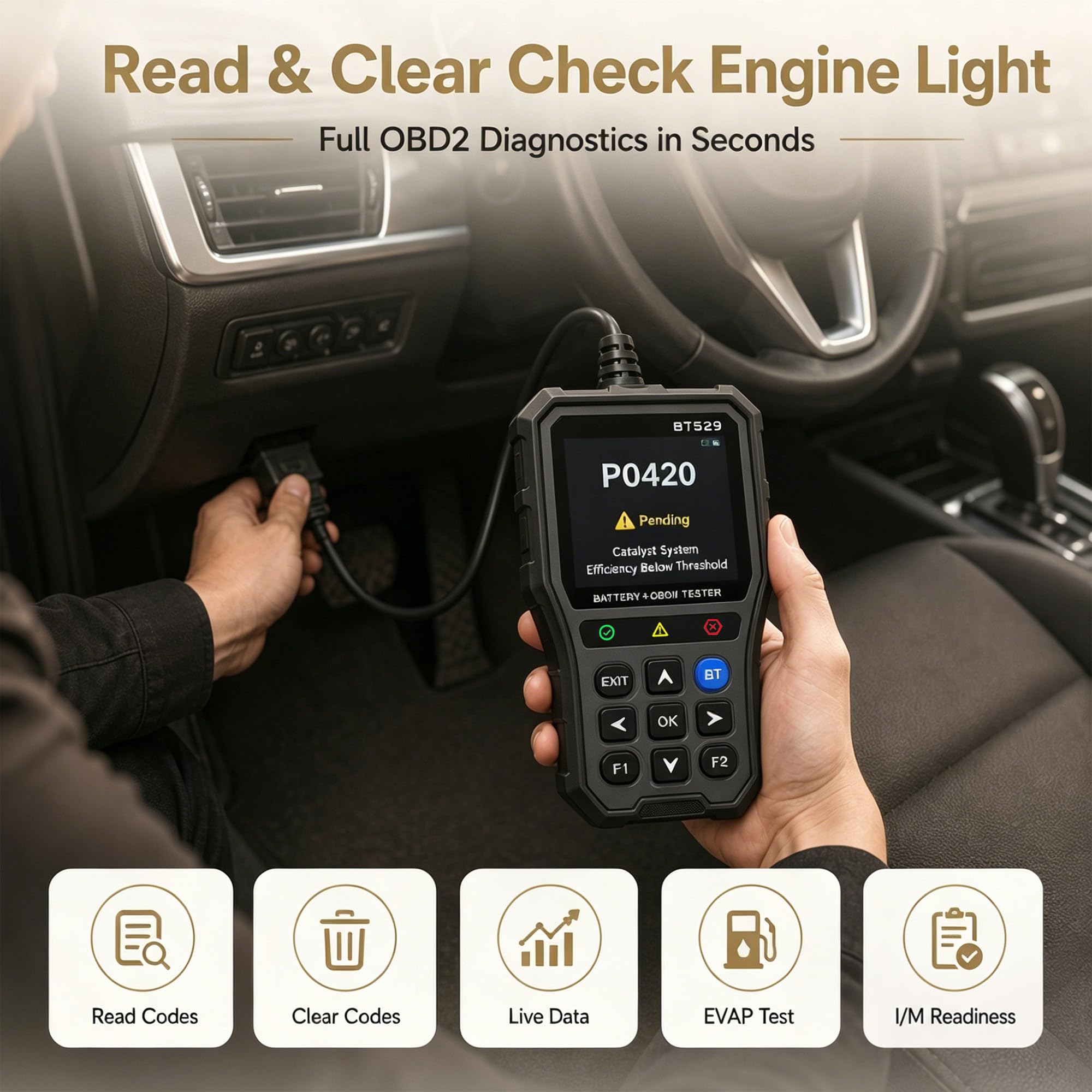 NOVEINN BT529 OBD2 czytnik kodów skanera, sterowanie aplikacją Bluetooth, narzędzie diagnostyczne 2 w 1 i tester baterii 12 V, dane na żywo, test EVAP, gotowość I/M do samochodów osobowych i