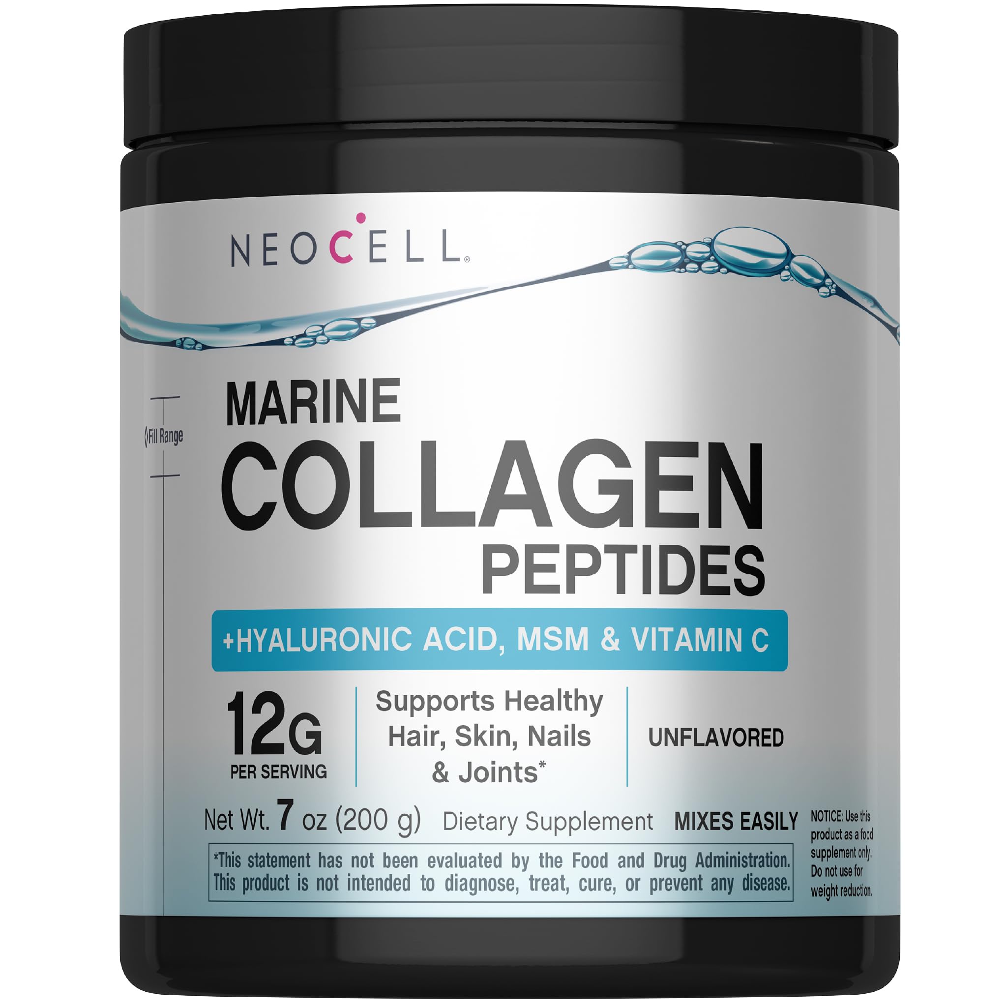 Marine Collagen Peptides Powder | 7 oz | Unflavored Supplement | with Vitamin C and MSM | Plus Hyaluronic Acid | Prebiotic Fiber Beauty Blend | Hair, Skin, & Nails | for Women and Men