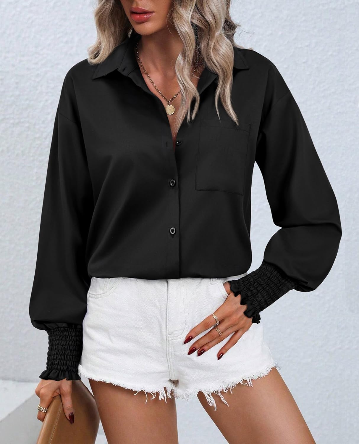 Womens Oversized Button Down Shirts Striped Smocked Cuff Long Sleeve Fall Blouses with Pocket Casual Collar Work Tops - Image 4