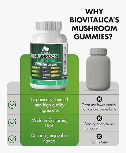Miniatura 5 de BIO VITALICA Gomitas de hongos  Gomitas de melena de león para adultos con 10  Mezcla de hongos complejo Reishi, Chaga, Cordyceps, cola de pavo y