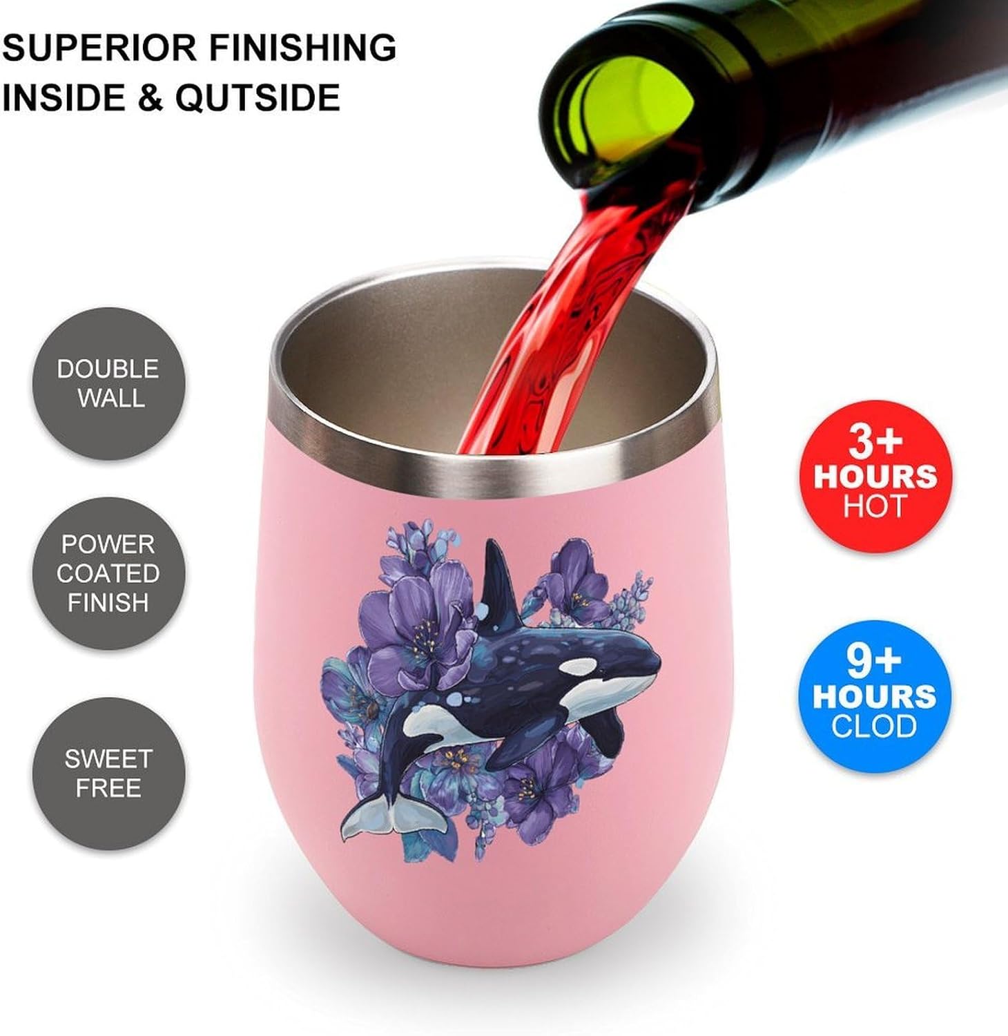 Killer Whale with Purple Flowers Insulated Drinking Cup Stainless Steel Coffee Mug Wine Tumbler with Lid 12OZ