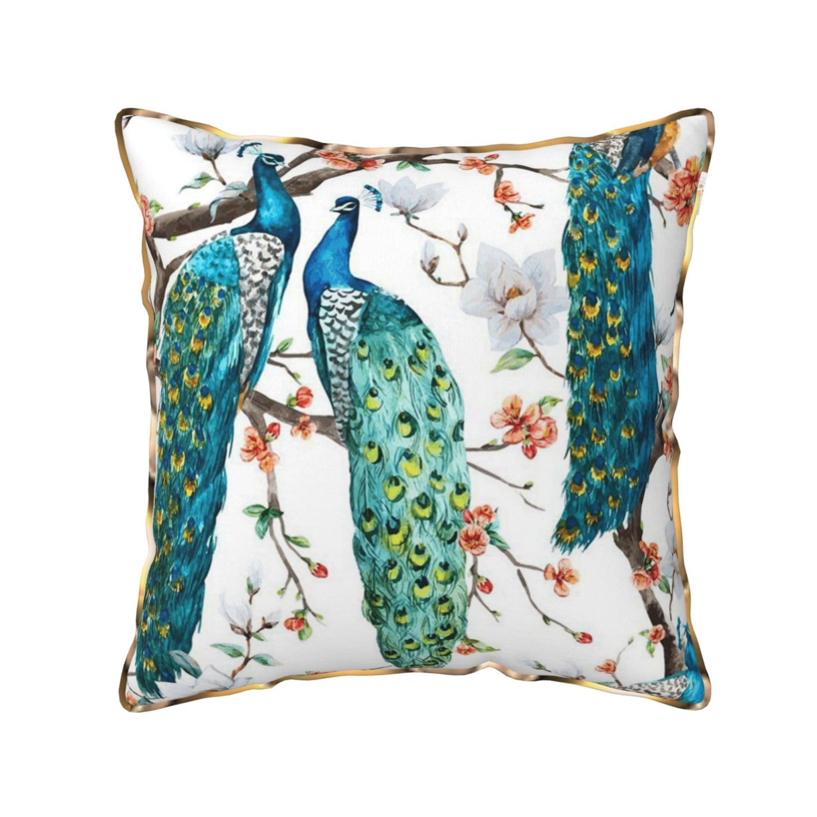 AUBKFELD Beautiful Peacock Flowers Printed Velvet Cushion Cover 50x50 CM with Gold Edging Strip, Square Pillowcase Soft Throw Pillow Covers Case Decorative for Living Room Sofa Couch Bed Bench