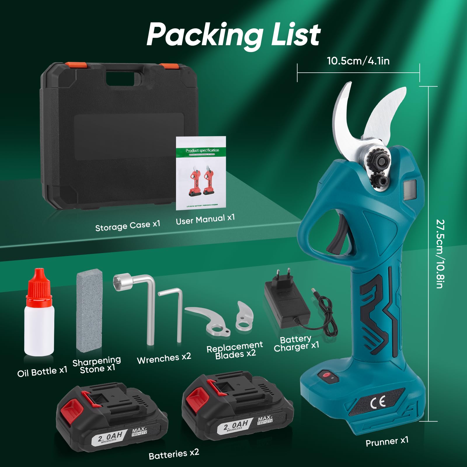 Tijeras de podar profesionales a batería, 30 mm, con 2 baterías de 2000 mAh, 550 W, motor sin escobillas Tijeras de podar eléctricas para jardín Bypass con contador de corte LED