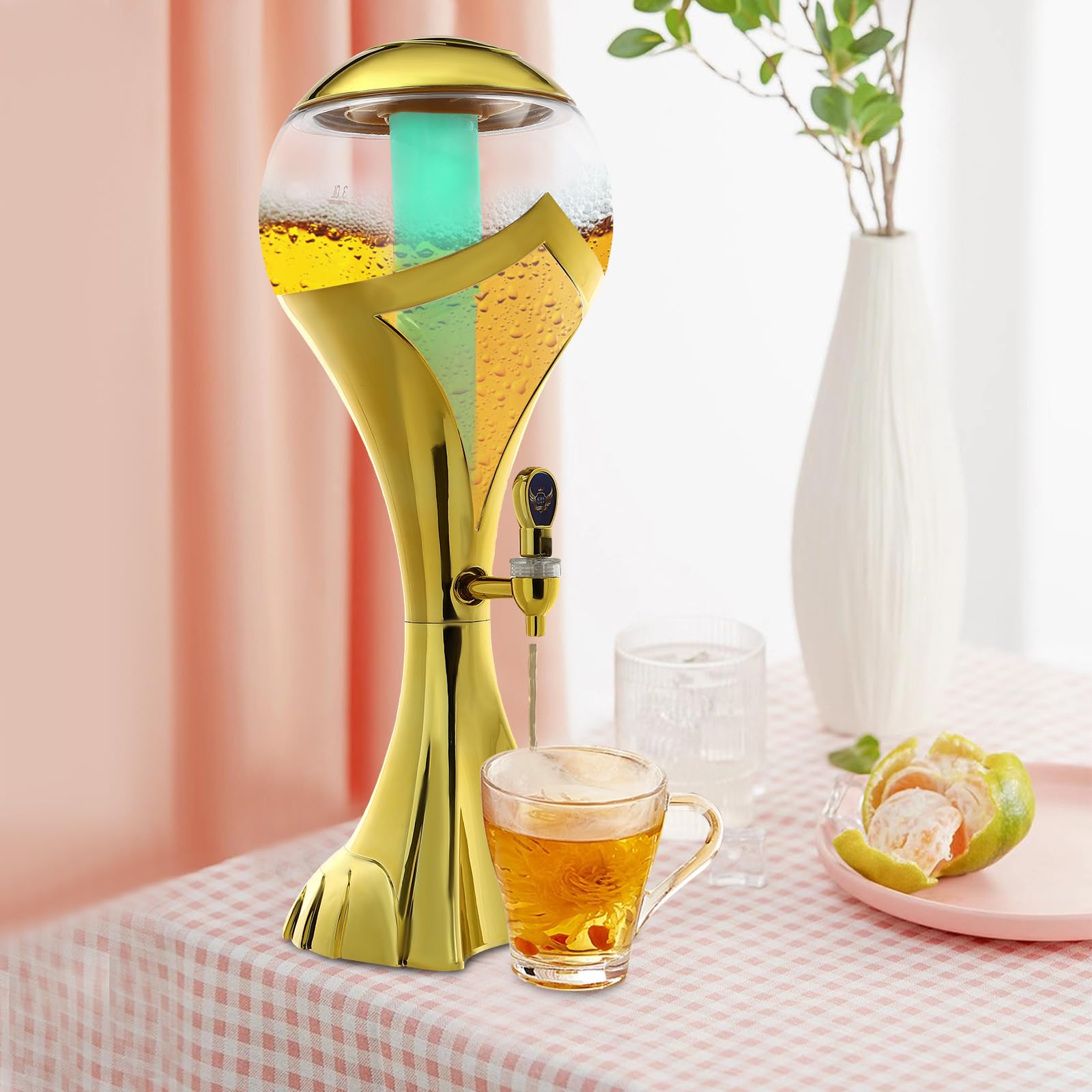 3L Beer Dispenser, Beverage Dispenser, Water Juice Drink Dispenser Plastic Drink Dispenser Lemonade Dispenser with Ice Tube for Parties, Drink Tower (Gold)