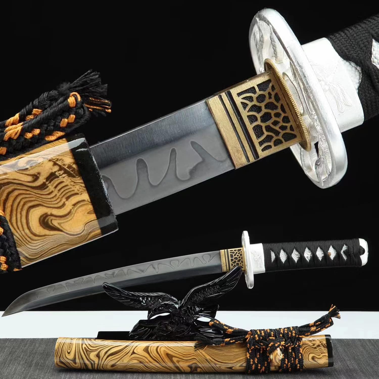 HERO SWORD Handmade Authentic Japanese Samurai Sword Real Hamon Clay Temprered Steel Full Tang Razor Sharp Blade Tanto Silver Dragon Tsuba Fittings