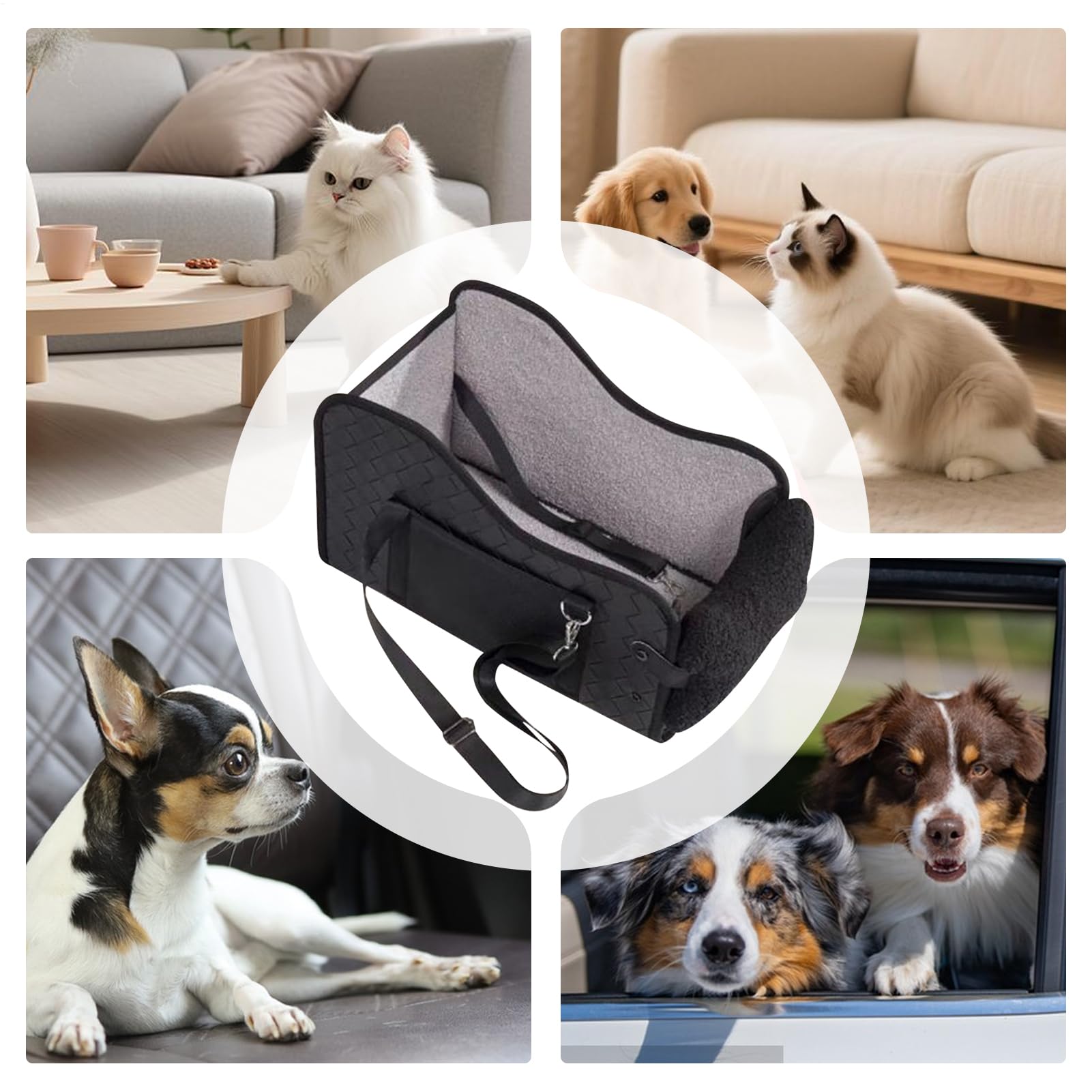 Siège Auto Chien pour Console Centrale Siège Pour Chiens Jusqu'à 6 Kg | Coussin de Transport Pliable et Portable pour Poussette Extérieur Arrière de Voiture