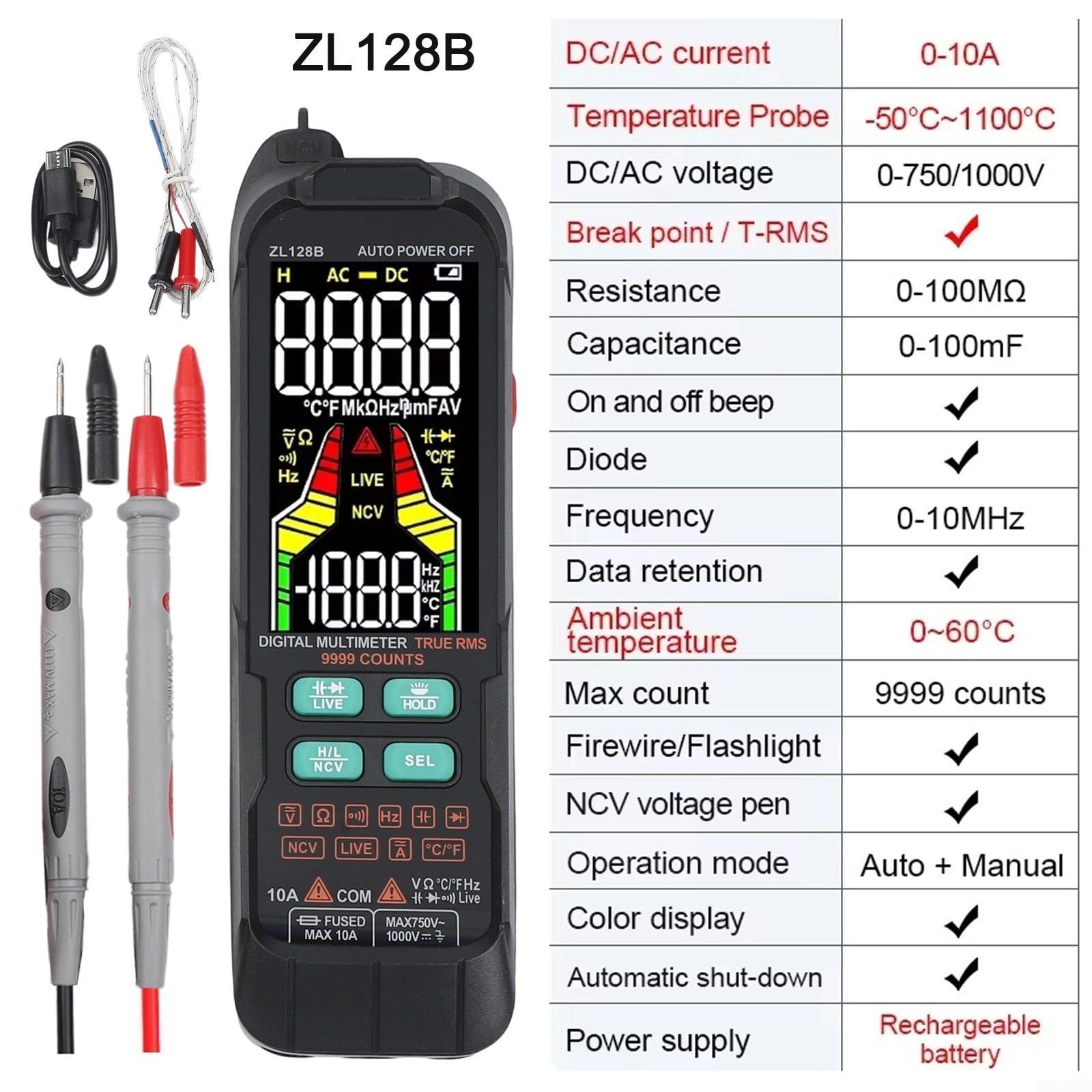 Multímetro digital True RMS 9999 Counts, NCV Live Line Tester con pantalla LCD, medidor de resistencia de capacidad de temperatura para ZL128B(ZL128B)