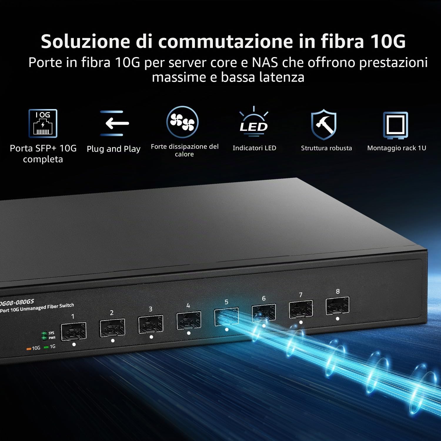 Binardat Switch in fibra a 8 porte 10 Gigabit, slot SFP+, 1G/10G supporto, larghezza di banda 160Gbps, desktop in metallo non gestito | Switch di rete per montaggio su rack