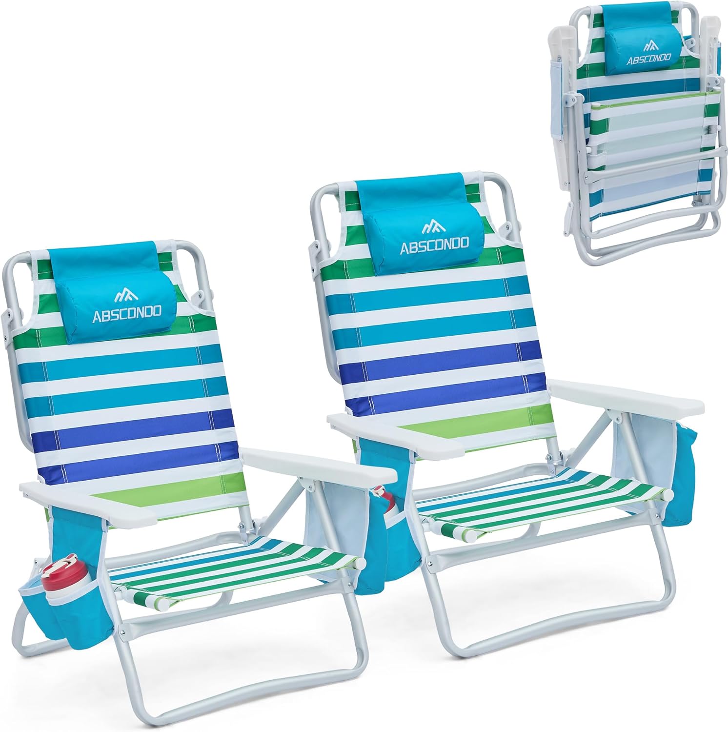 Aohanoi 2-Pack Folding Beach Chairs Adults 350lbs 5 Positions Cooler Pouch Cup Holders Lightweight Portable