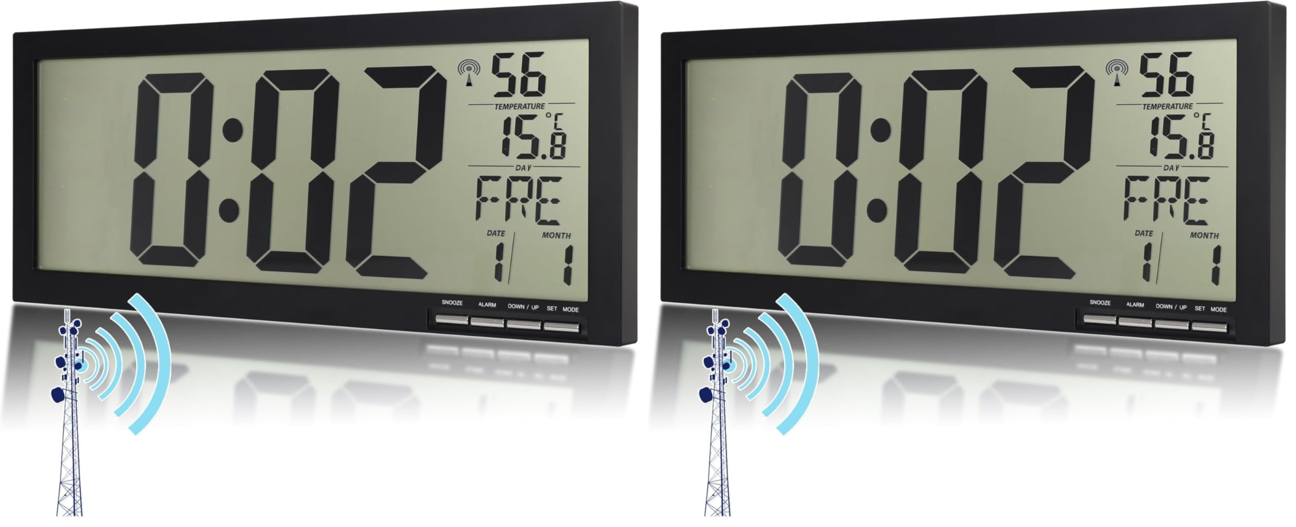 Crosstime Große Digital Wanduhr für Senioren – Funkuhr mit Datum, Wochentag & Temperatur, Leicht Ablesbar, Schwarz, 37 x 16 cm (Packung mit 2)