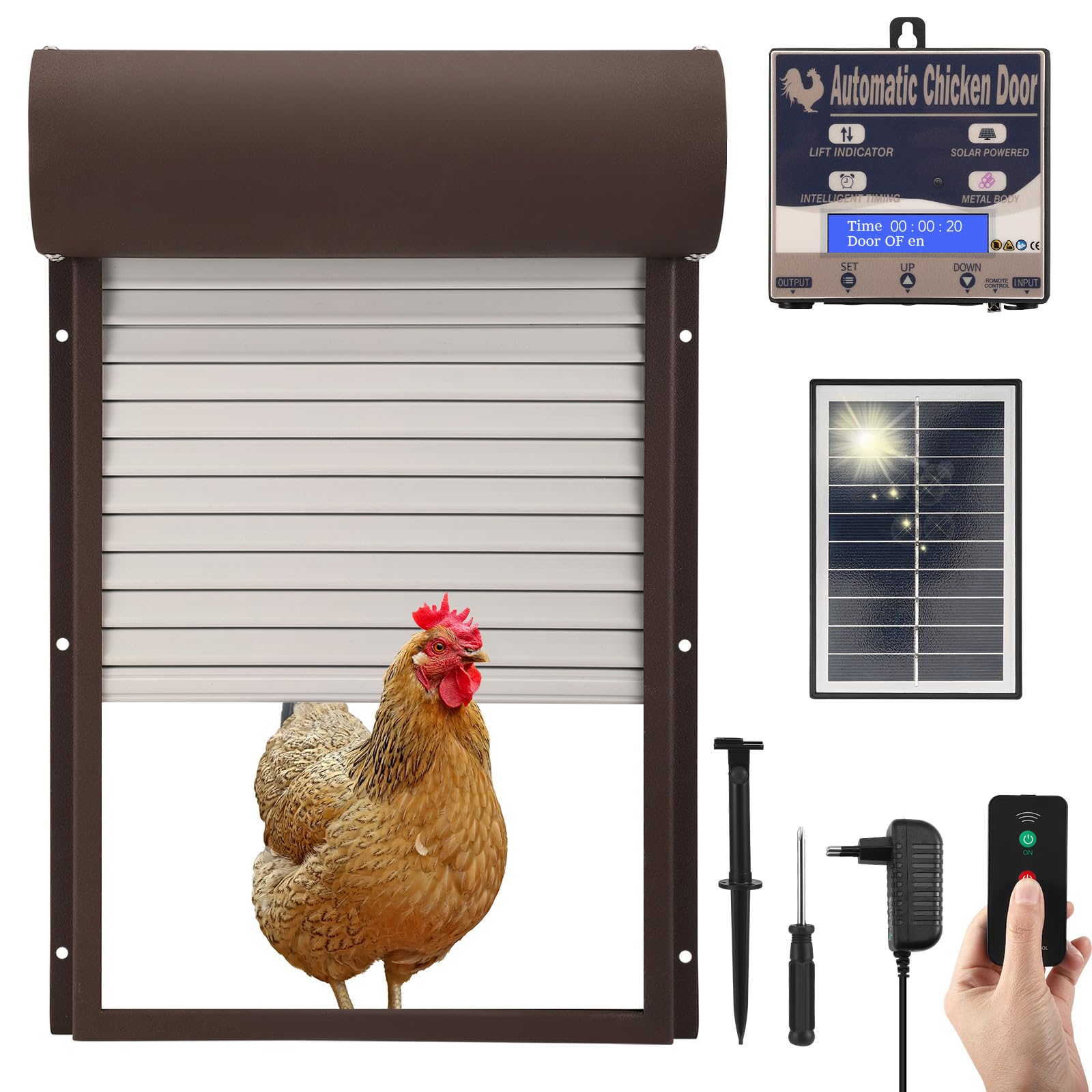 Automatische Hühnerklappe Solar, Elektrische Hühnerklappe mit Wasserdicht Großes Display, Anti-Klemm-Schutz, Lichtsensor, Hühnerstallluke Timer und Fernbedienung für Geflügelzaun