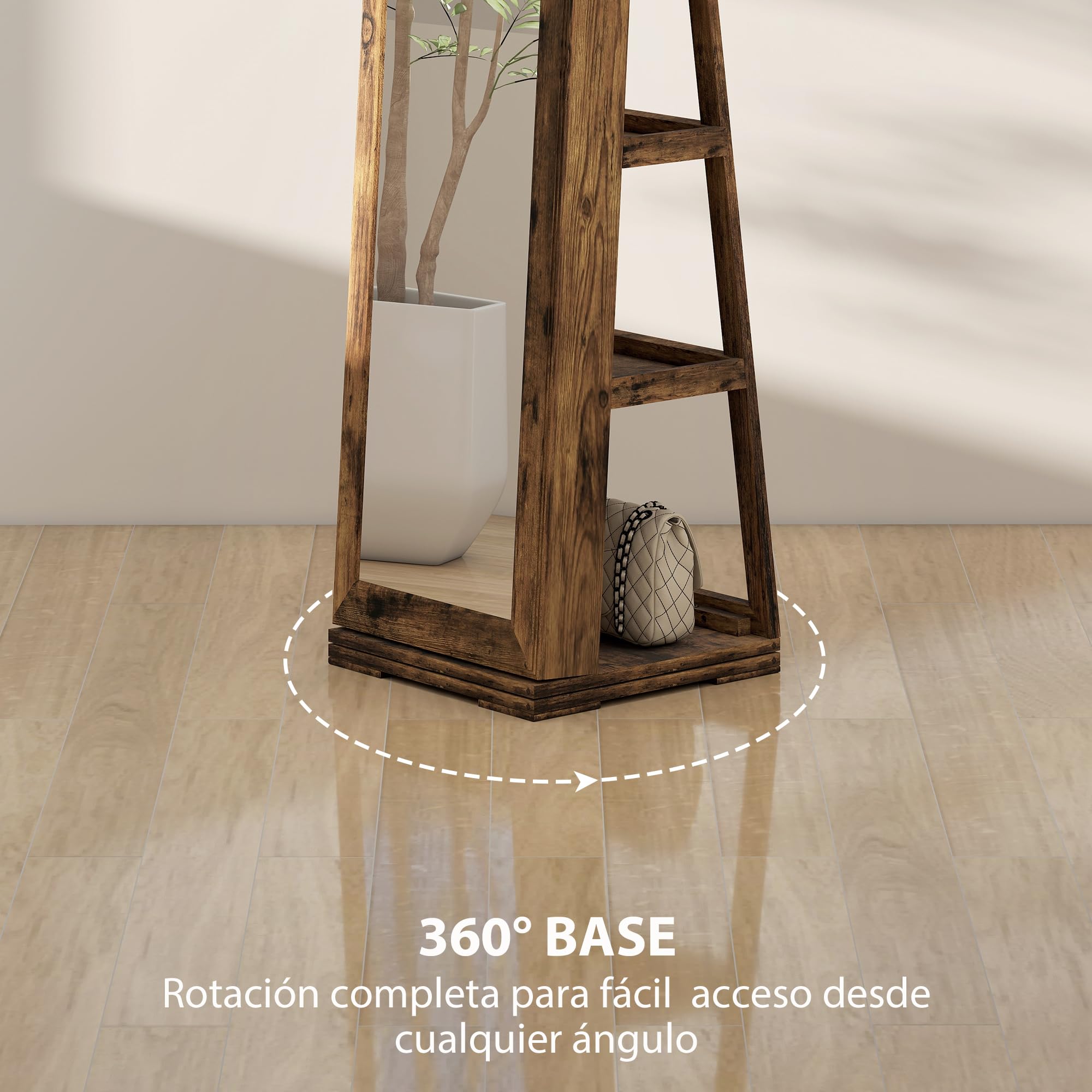 HOMCOM Espejo Joyero de Pie Giratorio 360° con Cerradura, Marrón Rústico