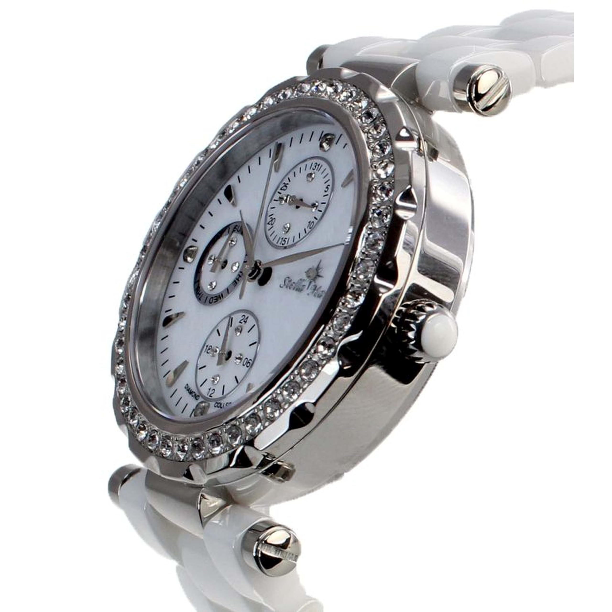 Stella Maris Damen Armbanduhr Analog Quarz Uhr Stilvolle Elegante Damenuhr Frauenuhr Weiß Silber Premium Keramik Armband Diamanten Swarovski STM15R1