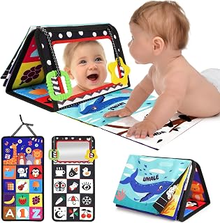 URMYWO High Contrast Tummy Time Toy with Mirror & Crinkle Book - Black White Visual Stimulation for Newborns 0-12 Months Montessori Gift