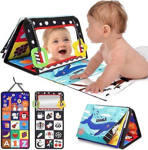 URMYWO Juego de Tiempo de Barriga - Juguetes de Alto Contraste en Negro y Blanco para Recién Nacidos - Espejo de Estimulación Visual para Bebés