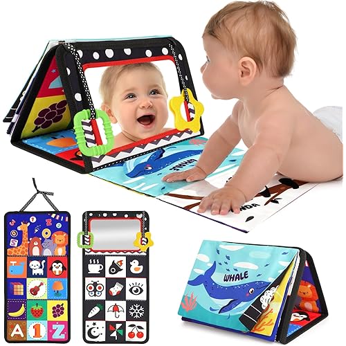 URMYWO Tummy Time Toys - Black and White High Contrast Baby Toy for Newborn - Baby Visual Stimulation Mirror - Montessori Sensory Crinkle Toy for Infant 0-3-6-12 Months - Boy Girl Shower Gifts